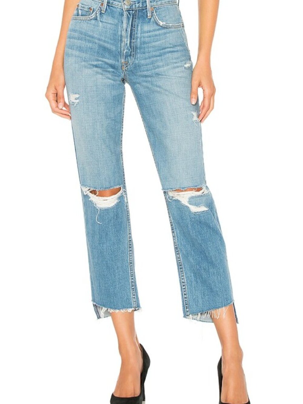 Grlfrnd Helena Jeans High Rise Straight Crop Last Song Distressed Cotton Blue 26